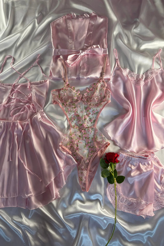 Barbie Floral İpeksi Saten 6 Parçalı Bodysuit Set